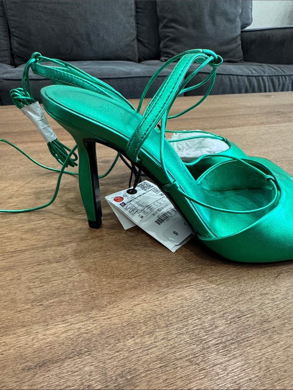 ZARA Metallic Emerald Green Satin Lace-Up Heels